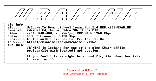 NFO for the release Welcome.To.Demon.School.Iruma.Kun.E14.WEB.x264-URANiME by URANiME