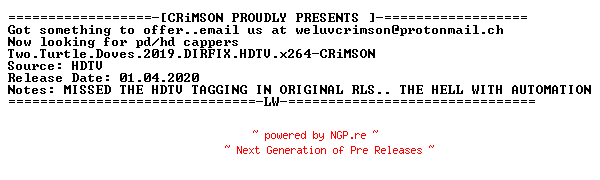 NFO for the release Two.Turtle.Doves.2019.DIRFIX.HDTV.x264-CRiMSON by CRiMSON