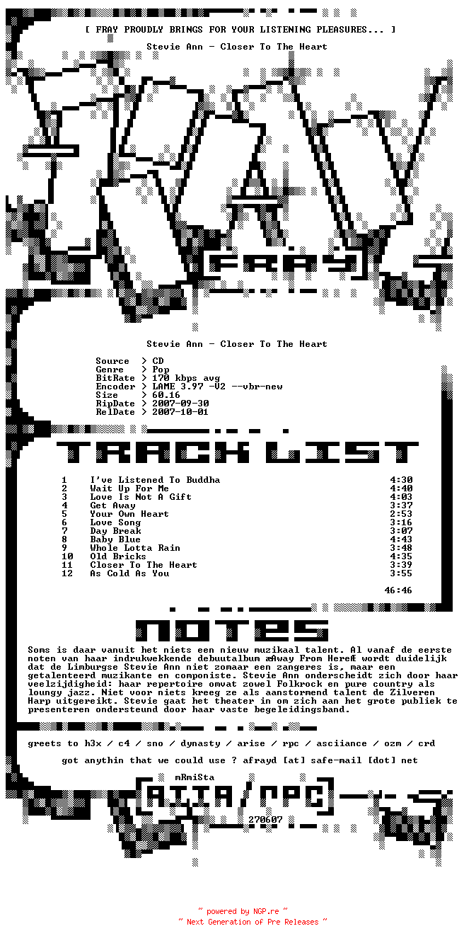 NFO for the release Stevie_Ann-Closer_To_The_Heart-2007-FRAY by FRAY