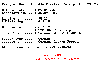 NFO for the release Ready.or.Not.Auf.die.Plaetze.fertig.tot.German.2019.AC3.BDRip.x264-COiNCiDENCE by COiNCiDENCE