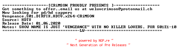 NFO for the release Vengeance.S01.DIRFIX.HDTV.x264-CRiMSON by CRiMSON