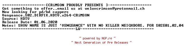 NFO for the release Vengeance.S02.DIRFIX.HDTV.x264-CRiMSON by CRiMSON