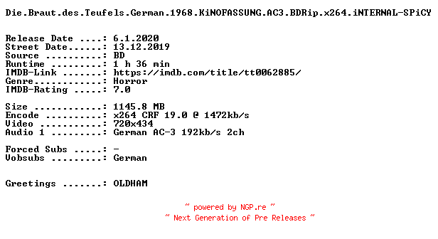 NFO for the release Die.Braut.des.Teufels.German.1968.KiNOFASSUNG.AC3.BDRip.x264.iNTERNAL-SPiCY by SPiCY