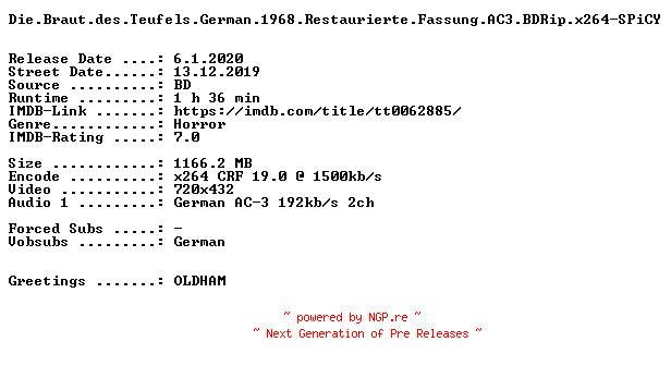 NFO for the release Die.Braut.des.Teufels.German.1968.Restaurierte.Fassung.AC3.BDRip.x264-SPiCY by SPiCY