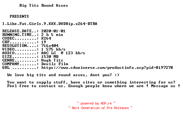 NFO for the release I.Like.Fat.Girls.9.XXX.DVDRip.x264-BTRA by BTRA