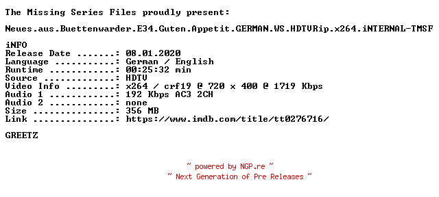 NFO for the release Neues.aus.Buettenwarder.E34.Guten.Appetit.GERMAN.WS.HDTVRip.x264.iNTERNAL-TMSF by TMSF