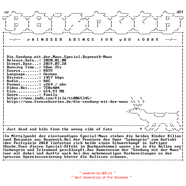 NFO for the release Die.Sendung.mit.der.Maus.Special.Bayreuth-Maus.German.HDTV.x264-RAiNDEER by RAiNDEER