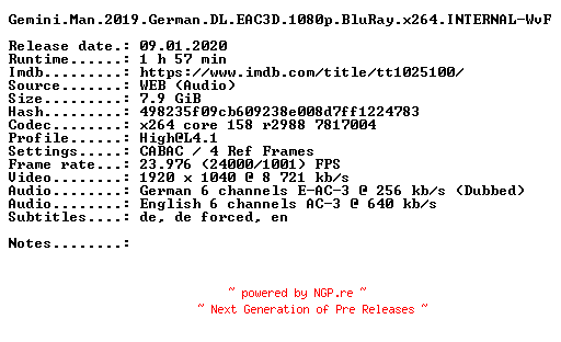 NFO for the release Gemini.Man.2019.German.DL.EAC3D.1080p.BluRay.x264.INTERNAL-WvF by WvF