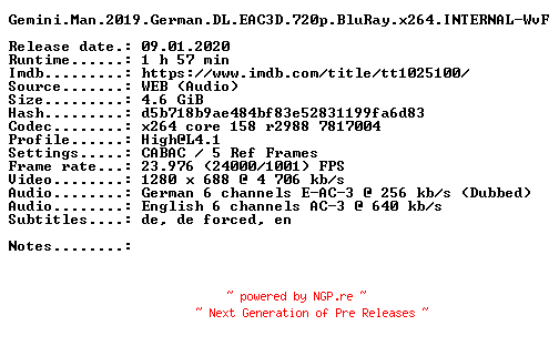 NFO for the release Gemini.Man.2019.German.DL.EAC3D.720p.BluRay.x264.INTERNAL-WvF by WvF