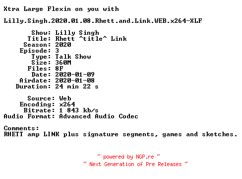 NFO for the release Lilly.Singh.2020.01.08.Rhett.and.Link.WEB.x264-XLF by XLF