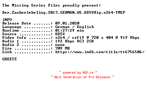 NFO for the release Der.Zauberlehrling.2017.GERMAN.WS.HDTVRip.x264-TMSF by TMSF