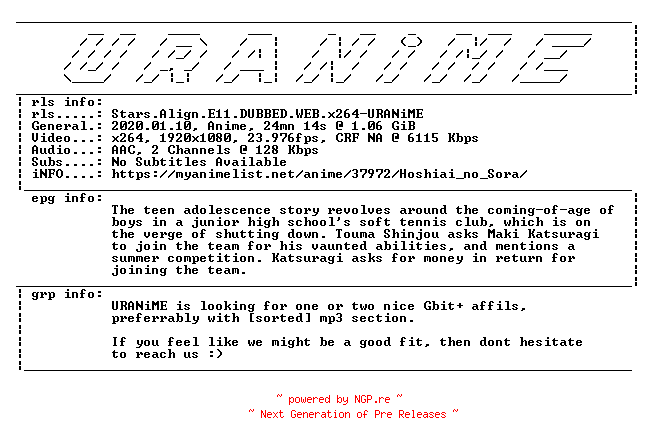 NFO for the release Stars.Align.E11.DUBBED.WEB.x264-URANiME by URANiME