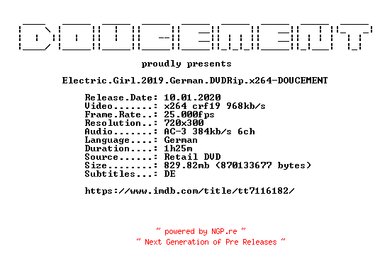 NFO for the release Electric.Girl.2019.German.DVDRip.x264-DOUCEMENT by DOUCEMENT