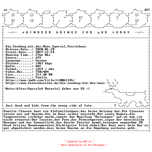 NFO for the release Die.Sendung.mit.der.Maus.Special.Passivhaus.German.dTV.x264-RAiNDEER by RAiNDEER