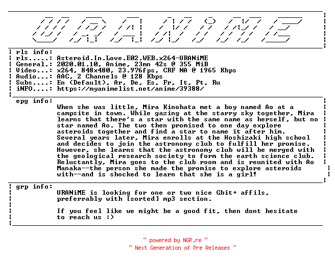 NFO for the release Asteroid.In.Love.E02.WEB.x264-URANiME by URANiME