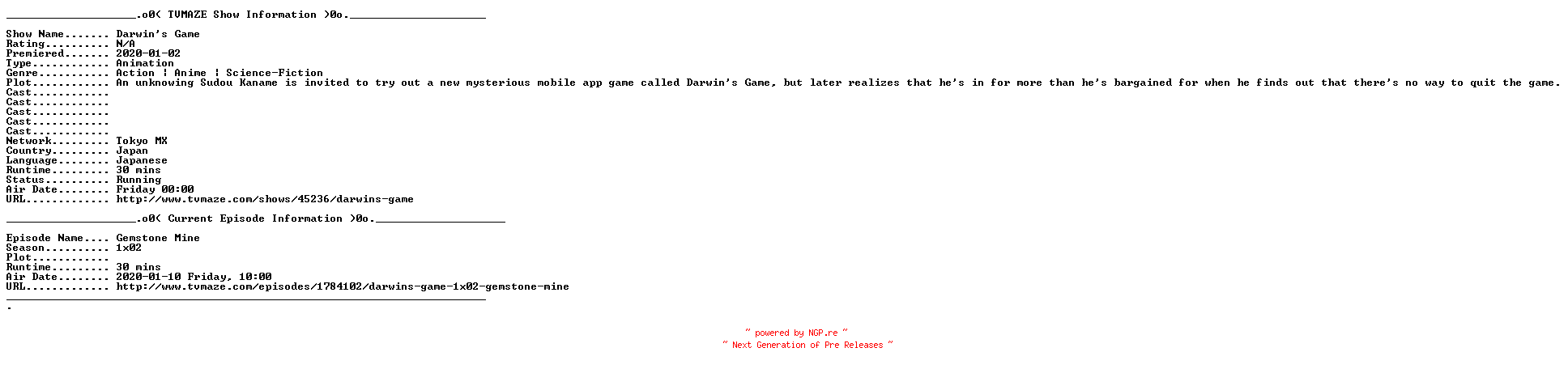 NFO for the release Darwins.Game.E02.WEB.x264-URANiME by URANiME