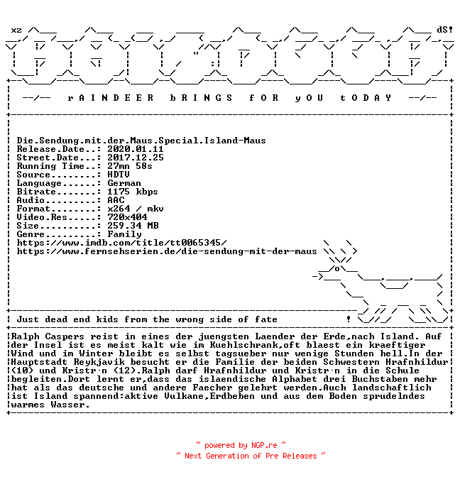 NFO for the release Die.Sendung.mit.der.Maus.Special.Island-Maus.German.HDTV.x264-RAiNDEER by RAiNDEER