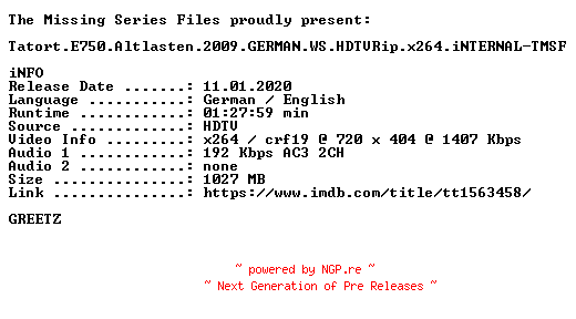 NFO for the release Tatort.E750.Altlasten.2009.GERMAN.WS.HDTVRip.x264.iNTERNAL-TMSF by TMSF