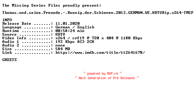 NFO for the release Thomas.und.seine.Freunde.-.Koenig.der.Schienen.2013.GERMAN.WS.HDTVRip.x264-TMSF by TMSF