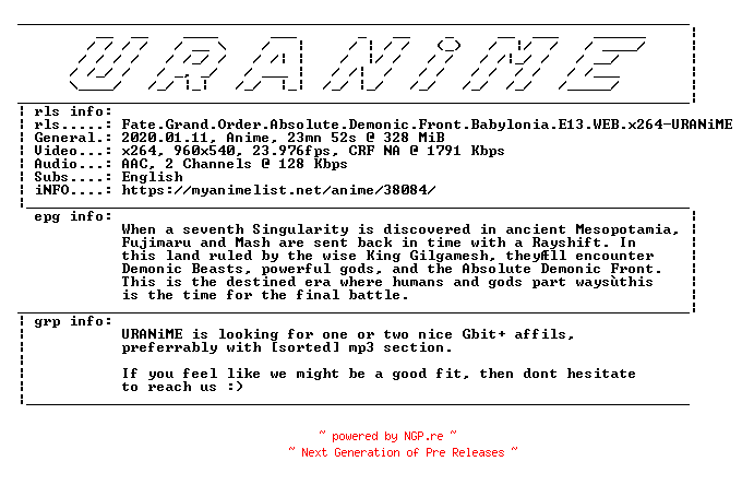 NFO for the release Fate.Grand.Order.Absolute.Demonic.Front.Babylonia.E13.WEB.x264-URANiME by URANiME