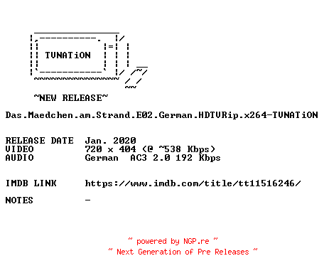 NFO for the release Das.Maedchen.am.Strand.E02.German.HDTVRip.x264-TVNATiON_iNT by TVNATiON_iNT