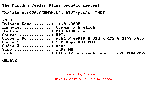 NFO for the release Eselshaut.1970.GERMAN.WS.HDTVRip.x264-TMSF by TMSF