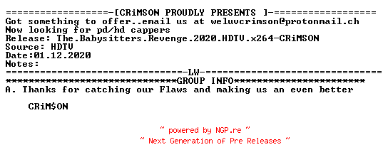 NFO for the release The.Babysitters.Revenge.2020.HDTV.x264-CRiMSON by CRiMSON