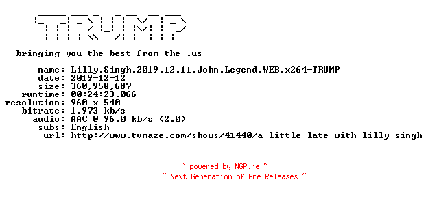 NFO for the release Lilly.Singh.2019.12.11.John.Legend.WEB.x264-TRUMP by TRUMP