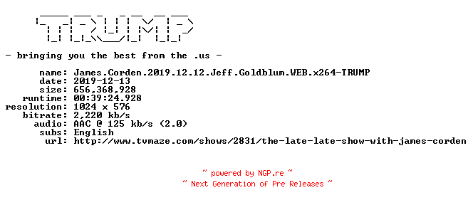 NFO for the release James.Corden.2019.12.12.Jeff.Goldblum.WEB.x264-TRUMP by TRUMP