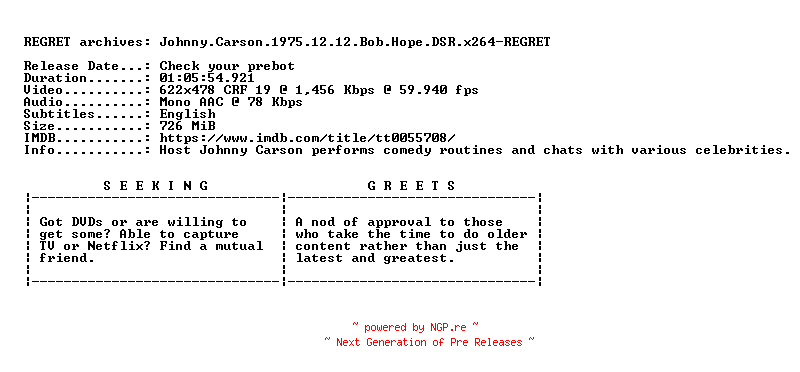 NFO for the release Johnny.Carson.1975.12.12.Bob.Hope.DSR.x264-REGRET by REGRET