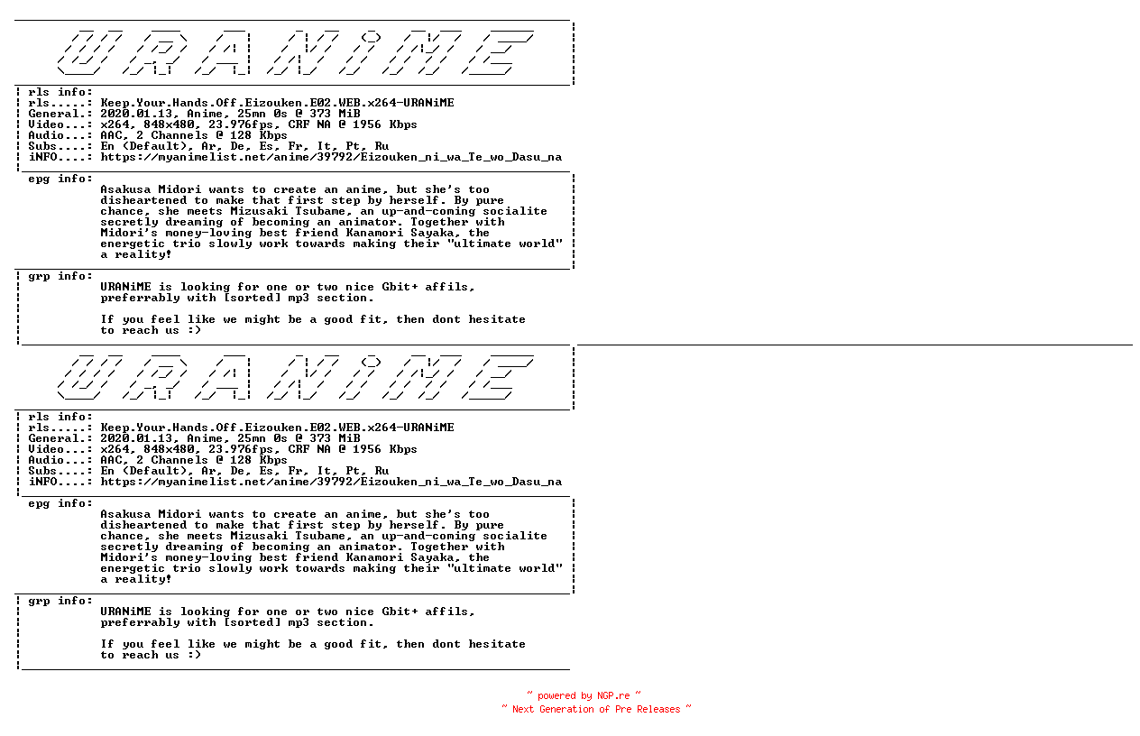NFO for the release Keep.Your.Hands.Off.Eizouken.E02.WEB.x264-URANiME by URANiME