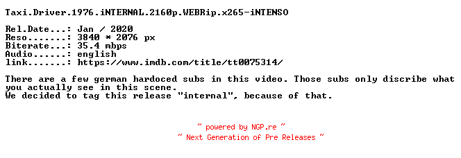 NFO for the release Taxi.Driver.1976.iNTERNAL.2160p.WEBRip.x265-iNTENSO by iNTENSO