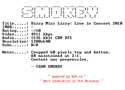 NFO for the release Dizzy.Mizz.Lizzy.Live.in.Concert.2010.DANISH.720p.Bluray.x264-SMOKEY by SMOKEY