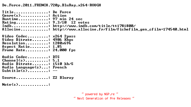 NFO for the release De.Force.2011.FRENCH.720p.BluRay.x264-ROUGH by ROUGH