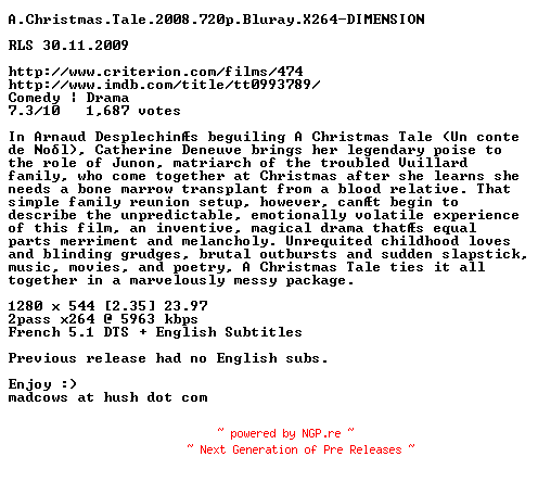 NFO for the release A.Christmas.Tale.2008.720p.Bluray.X264-DIMENSION by DIMENSION