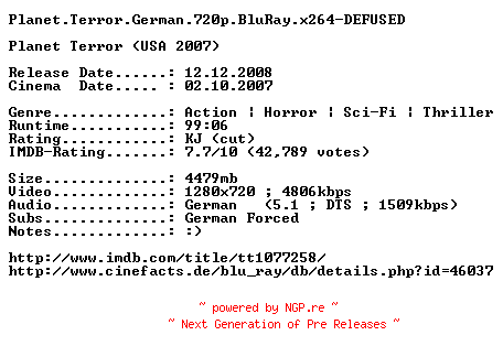NFO for the release Planet.Terror.German.720p.BluRay.x264-DEFUSED by DEFUSED