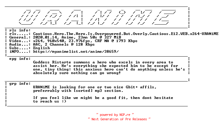 NFO for the release Cautious.Hero.The.Hero.Is.Overpowered.But.Overly.Cautious.E12.WEB.x264-URANiME by URANiME