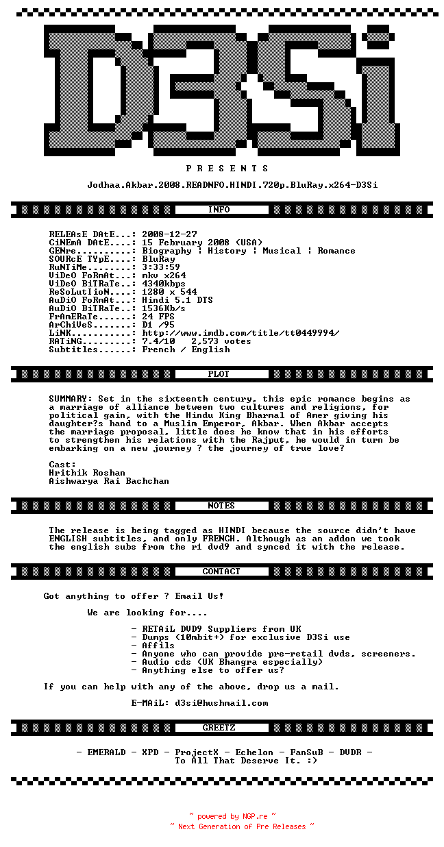 NFO for the release Jodhaa.Akbar.2008.READNFO.HINDI.720p.BluRay.x264-D3Si by D3Si