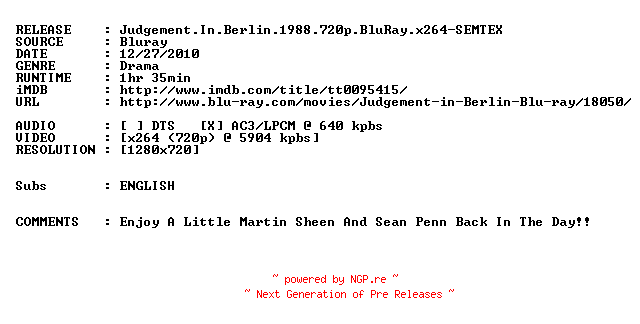 NFO for the release Judgement.In.Berlin.1988.720p.BluRay.x264-SEMTEX by SEMTEX