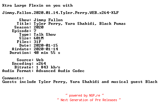 NFO for the release Jimmy.Fallon.2020.01.14.Tyler.Perry.WEB.x264-XLF by XLF