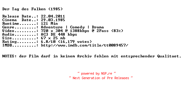 NFO for the release Der.Tag.des.Falken.German.1985.AC3.BDRip.XviD-NQD by NQD
