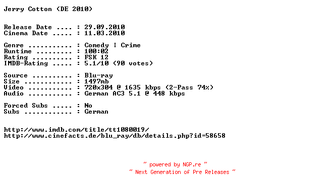 NFO for the release Jerry.Cotton.German.AC3.BDRip.XviD-EXQUiSiTE by EXQUiSiTE