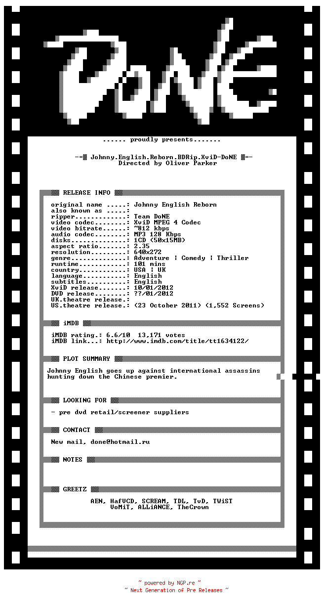 NFO for the release Johnny.English.Reborn.BDRip.XviD-DoNE by DoNE