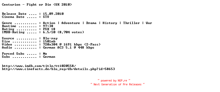 NFO for the release Centurion.Fight.or.Die.German.2010.AC3.BDRip.XviD-EXQUiSiTE by EXQUiSiTE