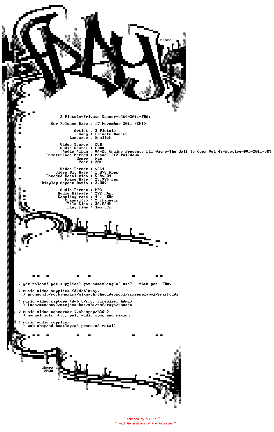 NFO for the release 2_Pistols-Private_Dancer-x264-2011-FRAY by FRAY
