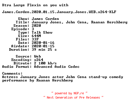 NFO for the release James.Corden.2020.01.15.January.Jones.WEB.x264-XLF by XLF