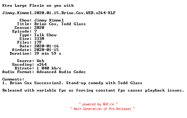 NFO for the release Jimmy.Kimmel.2020.01.15.Brian.Cox.WEB.x264-XLF by XLF