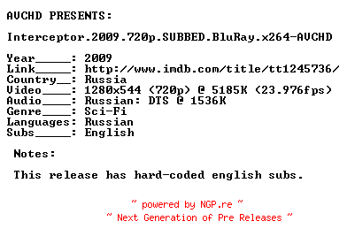 NFO for the release Interceptor.2009.720p.SUBBED.BluRay.x264-AVCHD by AVCHD