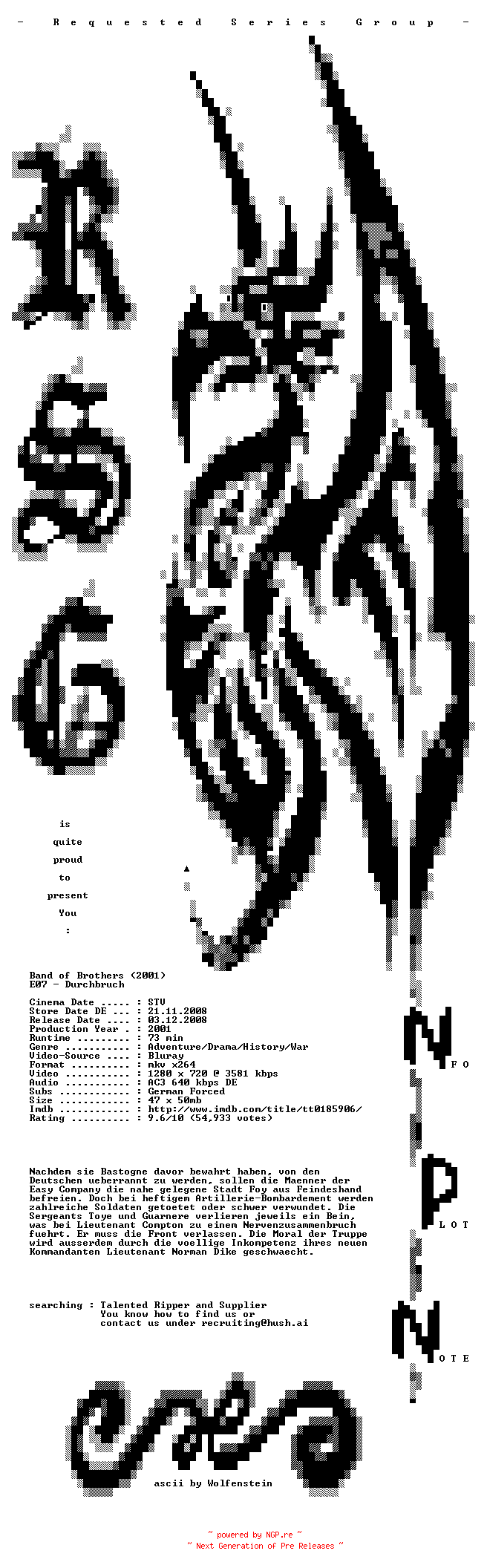NFO for the release Band.of.Brothers.E07.Durchbruch.German.720p.BluRay.x264-RSG by RSG