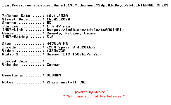 NFO for the release Ein.Froschmann.an.der.Angel.1967.German.720p.BluRay.x264.iNTERNAL-SPiCY by SPiCY